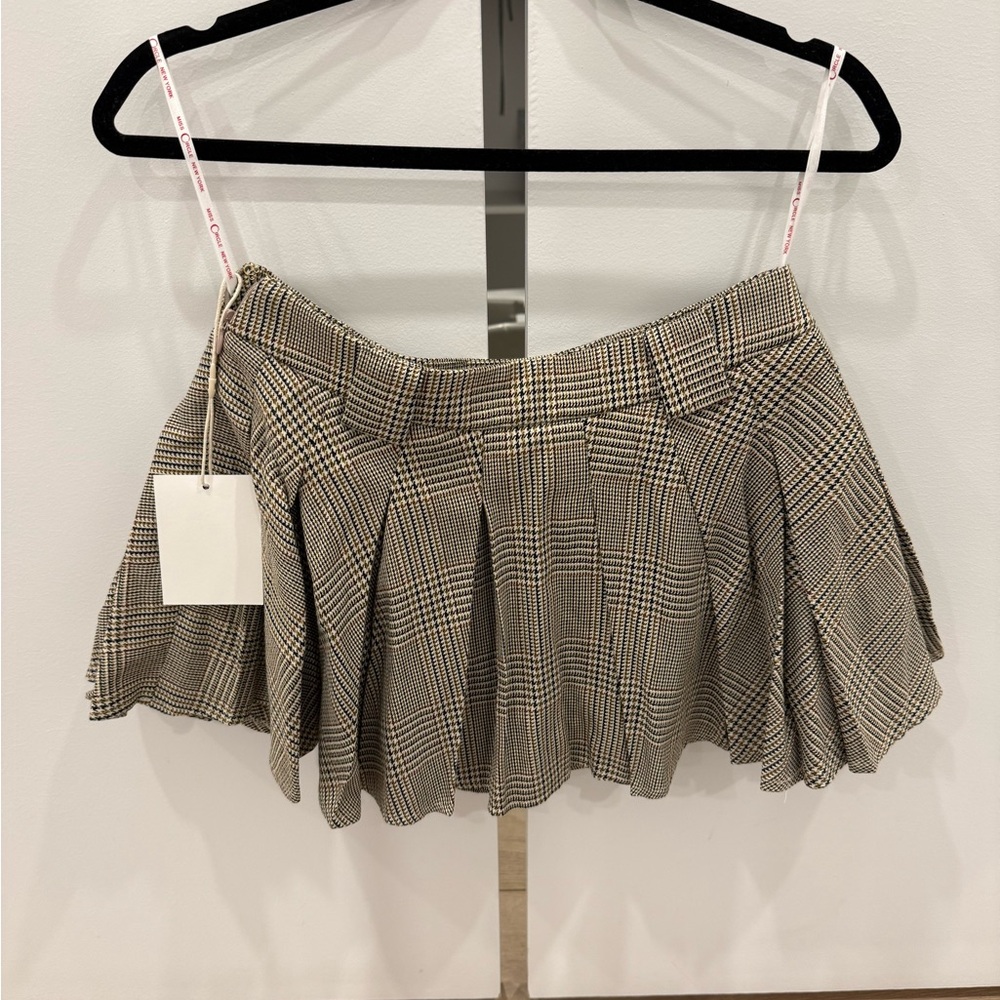 Pleated Mini Skort in Tan and Black Glen Plaid - Miss Circle